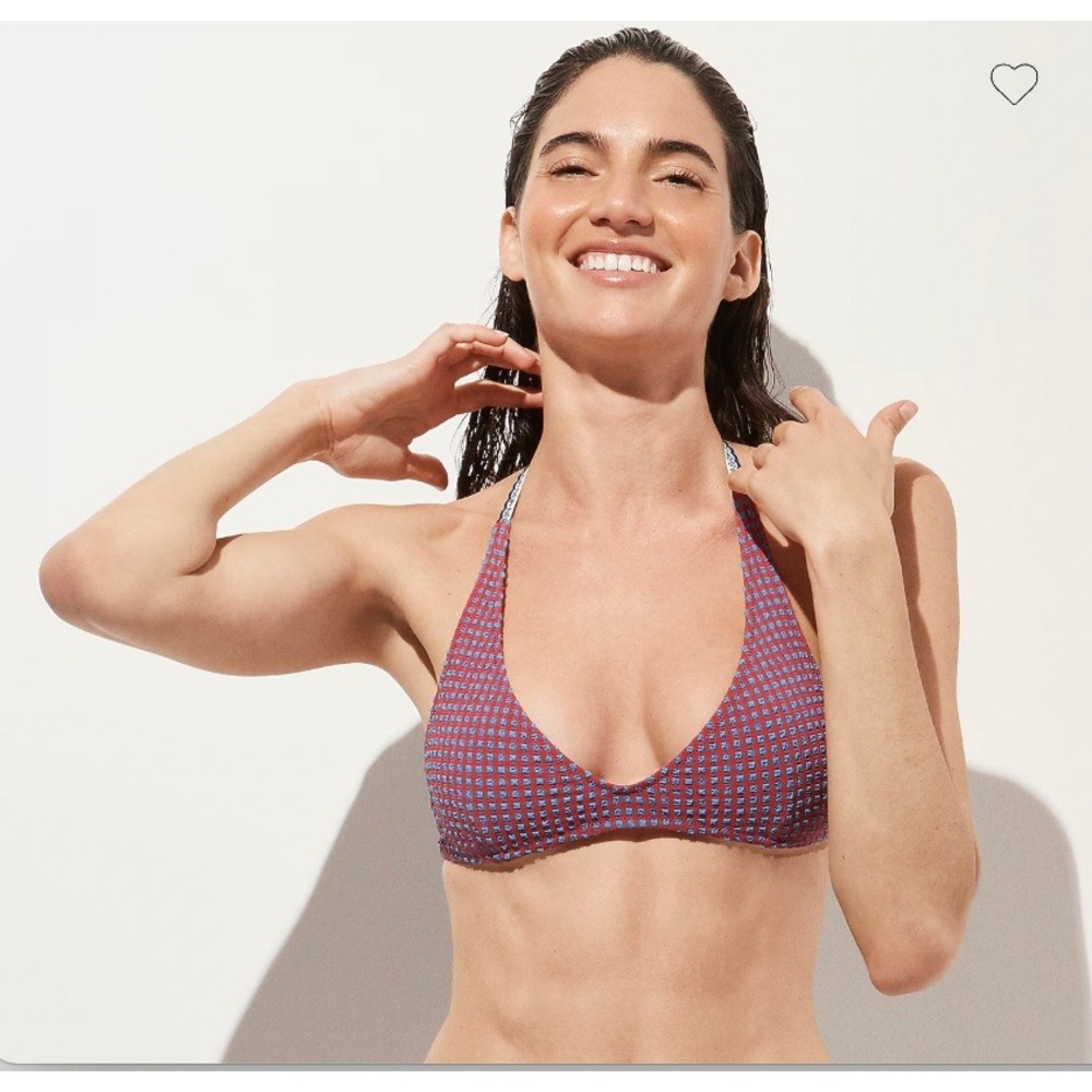 J.Crew Halter-Neck Bikini Top Scalloped Gingham Size Small Red Blue Beach Boho